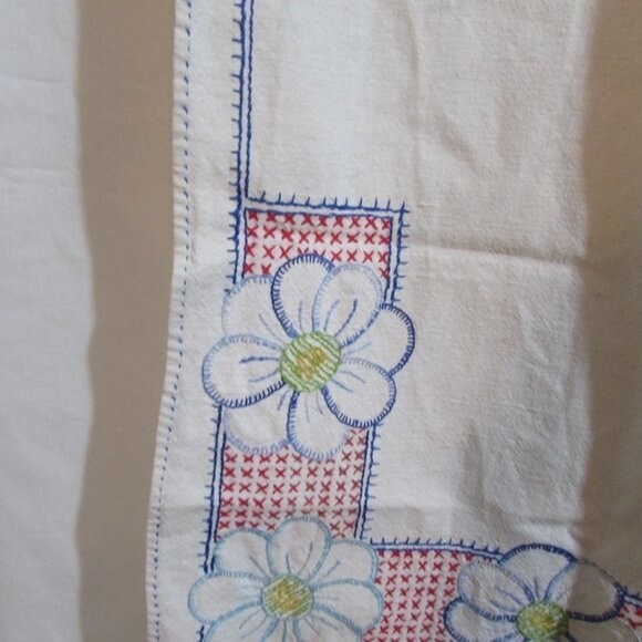 HAND SEWN VINTAGE TABLE RUNNER FLOWERS BLUE YELLOW RED GREEN - Picture 3 of 11
